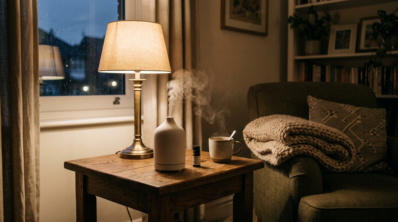 Difuzor cu aromă pe o masă de lemn, lângă o fereastră luminoasă, ambianță calmă de seară